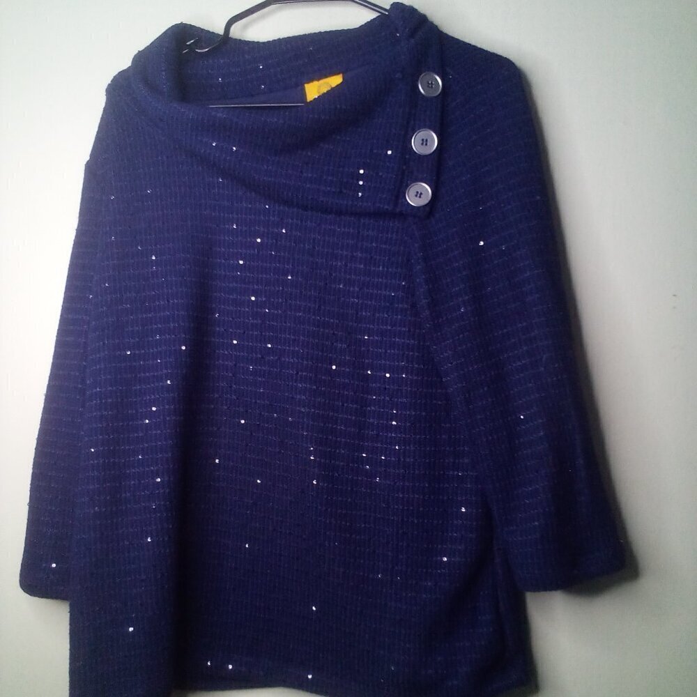 Ruby Rd Sweater M Women Pullover 3/4 Sleeve Cowl Neck Button Detail Blue